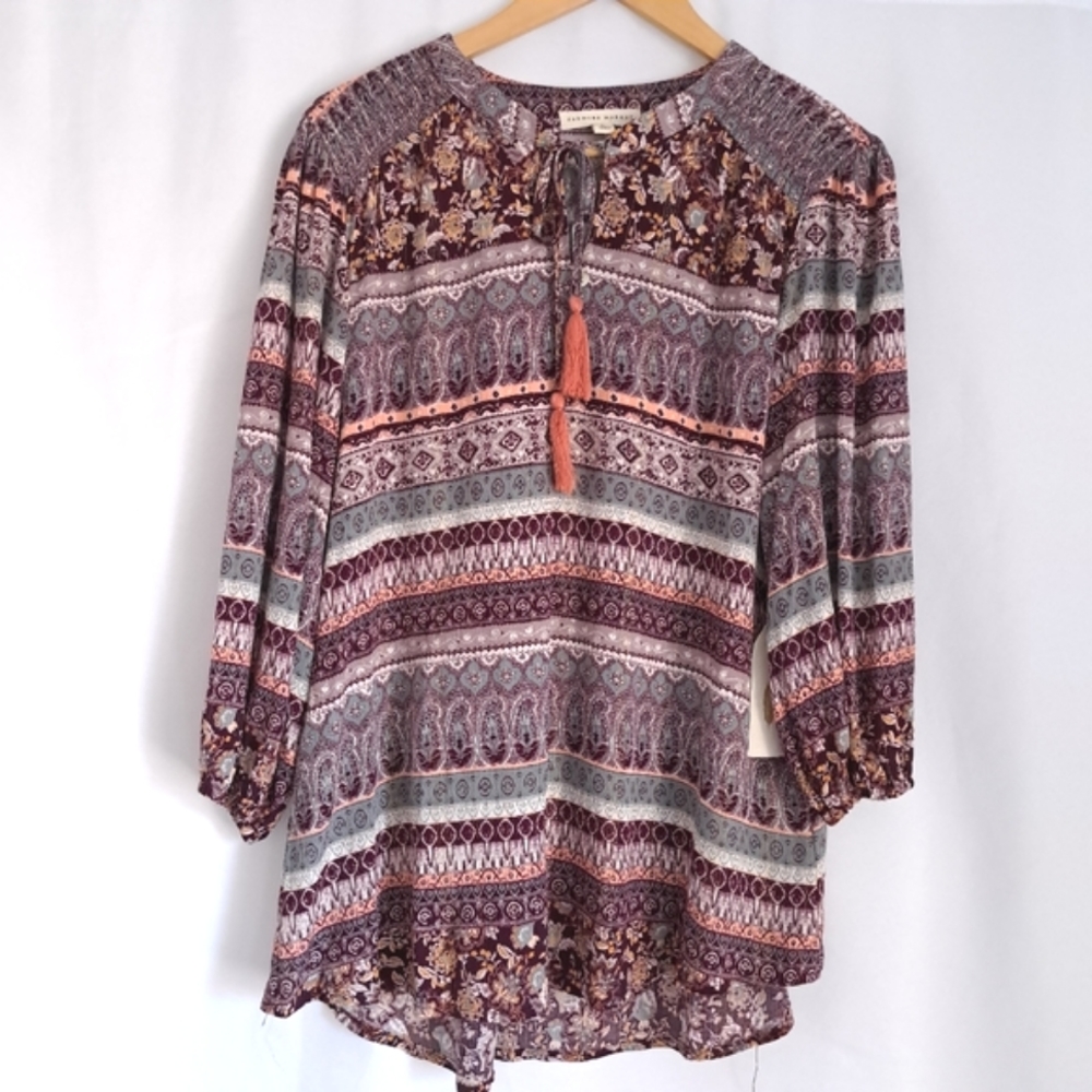 Farmers Market Boho Plum, Peach and Green Tunic Top